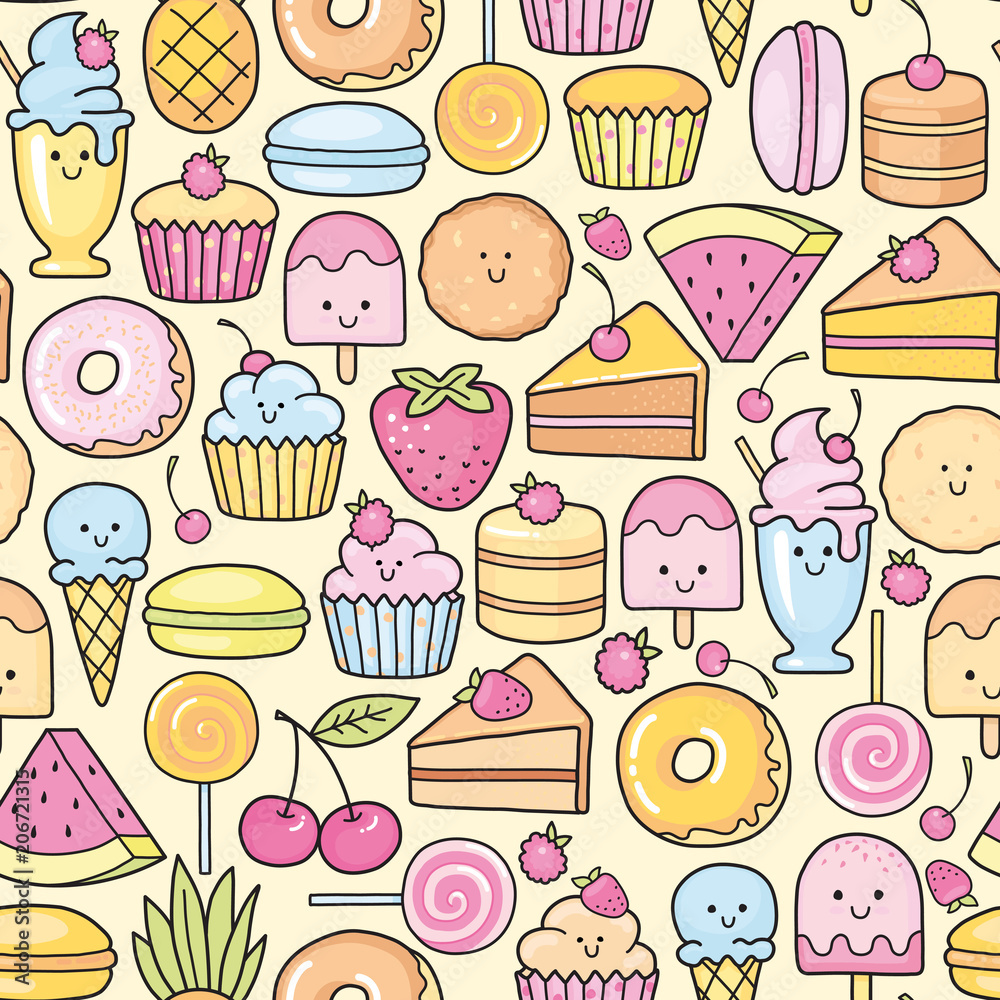 Seamless background of sweet and dessert doodle, cake, sweet donat, cookies and macaron