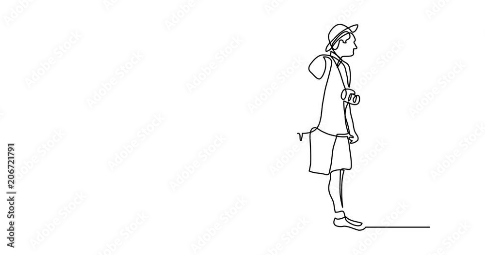 Self drawing animation of continuous line drawing of traveler walking rolling bag on wheels