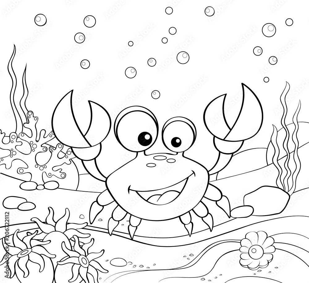 Cartoon crab. Underwater world. Black and white vector illustration for