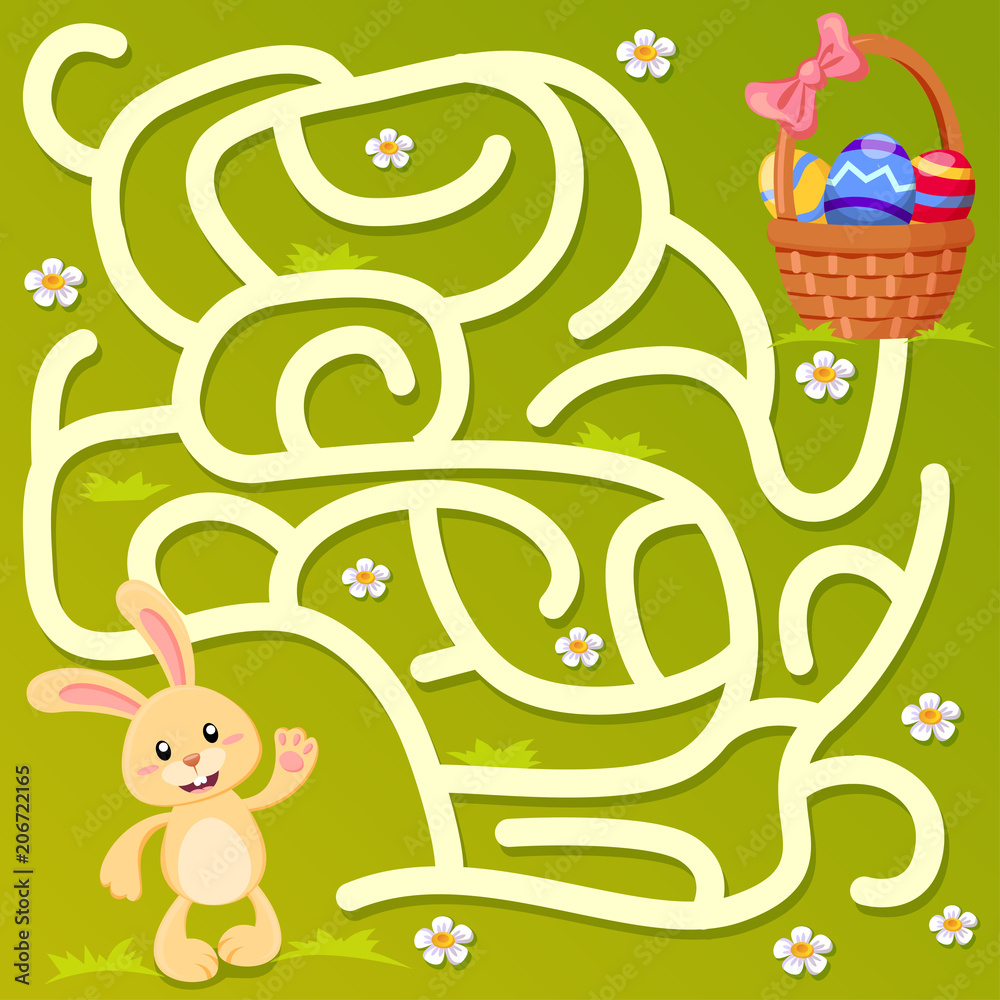 Fototapeta premium Pomóż króliczkowi znaleźć drogę do wielkanocnego koszyka z jajkami. Labirynt. Gra labirynt dla dzieci