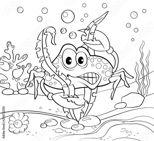 Cartoon crab. Underwater world. Black and white vector illustration for coloring book