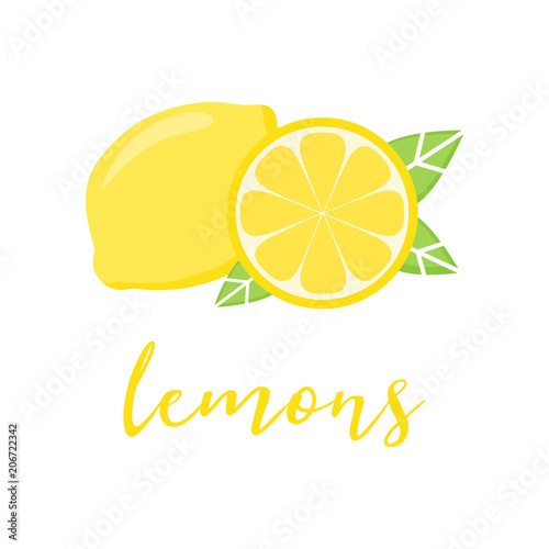 Yellow lemon citrus fruit vector illustration with writing lemons. Whole piece and slice of lemon with green leaves.