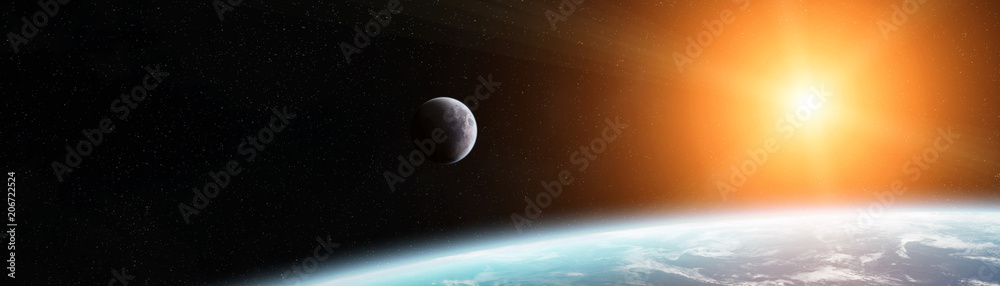 Fototapeta premium Panoramic view of planet Earth with the moon 3D rendering elements of this image furnished by NASA