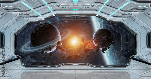 Fototapeta Naklejka Na Ścianę i Meble -  White clean spaceship interior with view on planet Earth 3D rendering