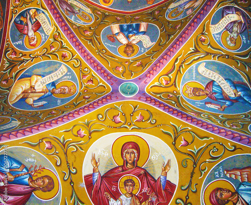 View of the ceiling, colored antique painting in the monastery of Kykkos in Cyprus.