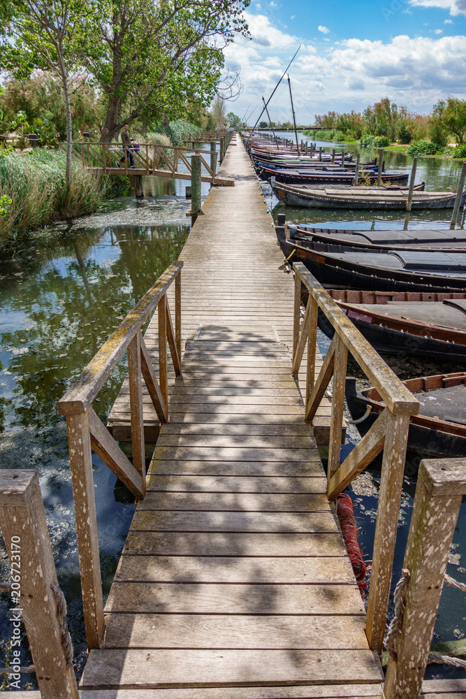 Wooden pier with many boats