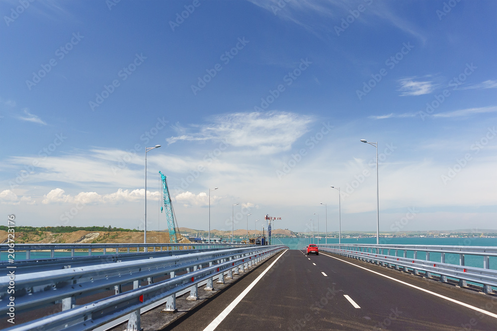 Cars on the Crimean bridge across the Kerch Strait