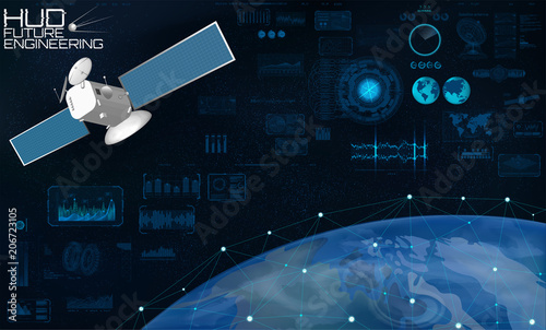 Satellite and Network data exchange over planet earth in Hud style. The concept of Internet connection. Global communication sky-fi in HUD style. Technology Elements Set (data and statistic)