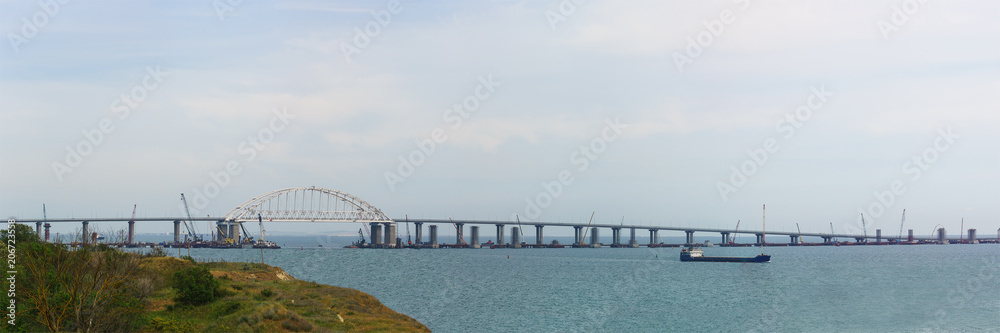 Naklejka premium Panoramic view from the Kerch coast to the Crimean bridge connecting the Peninsula of Crimea and Krasnodar region
