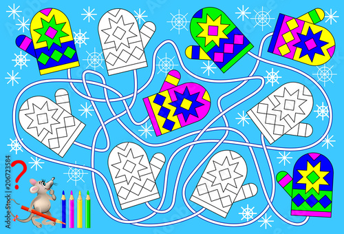 Logic exercise for young children. Find the pare for each mitten and paint them in relevant colors. Vector cartoon image.