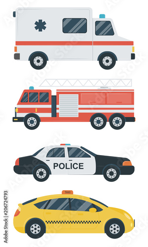 Isolated transport icons. Police car, ambulance, firetruck, taxi. Flat design. Vector