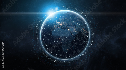Global communication network concept network dots surrounding planet earth with focus on America. Information exchange via satellites.