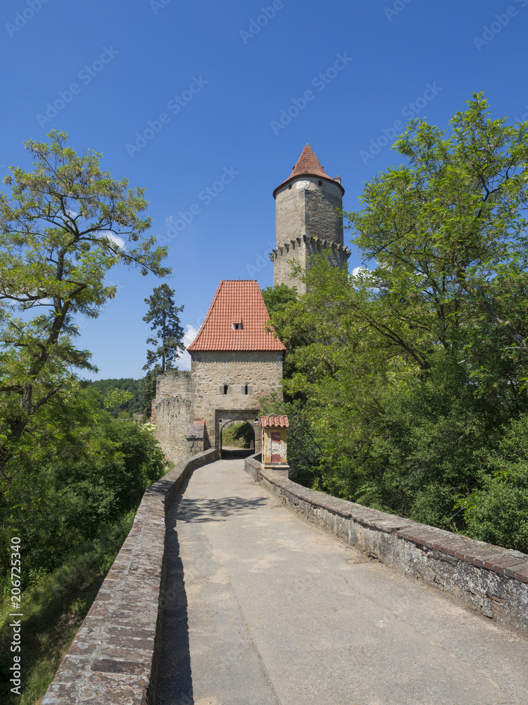 medieval castle Zvikov main entry gate with round tower and stone bridge, green trees and blue sky, castle is placed at confluence of the Vltava and Otava rivers, Czech Republic, vertical view
