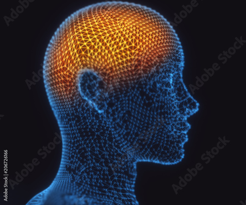 Human Brain Power Connections. 3D illustration. Human brain in a structure of polygonal connections representing the power of the mind.