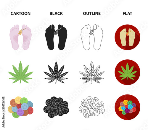 Hemp leaf, ecstasy pill, handcuffs, bong.Drug set collection icons in cartoon,black,outline,flat style vector symbol stock illustration web.