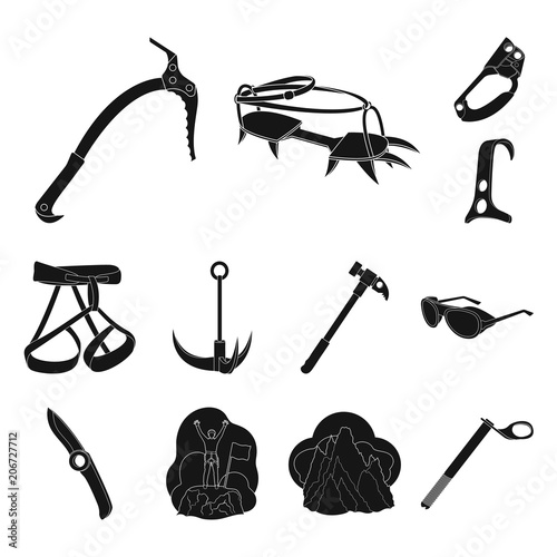 Mountaineering and climbing black icons in set collection for design. Equipment and accessories vector symbol stock web illustration.