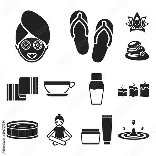 Spa salon and equipment black icons in set collection for design. Relaxation and rest vector symbol stock web illustration.