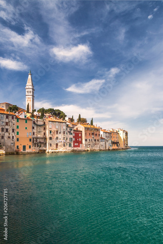 Rovinj on Adriatic sea in Croatia , Europe. The historic part of city Rovinj with the Church of Saint Euphemia.