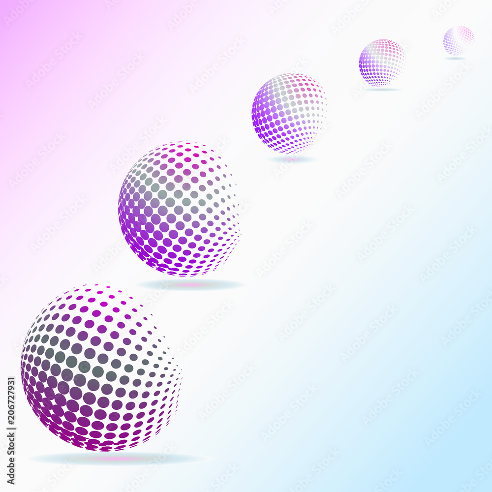Abstract pattern of flying spheres and their shadows. Vector illustration for website design, message design, textiles, postcards, poster, labels mock-up.