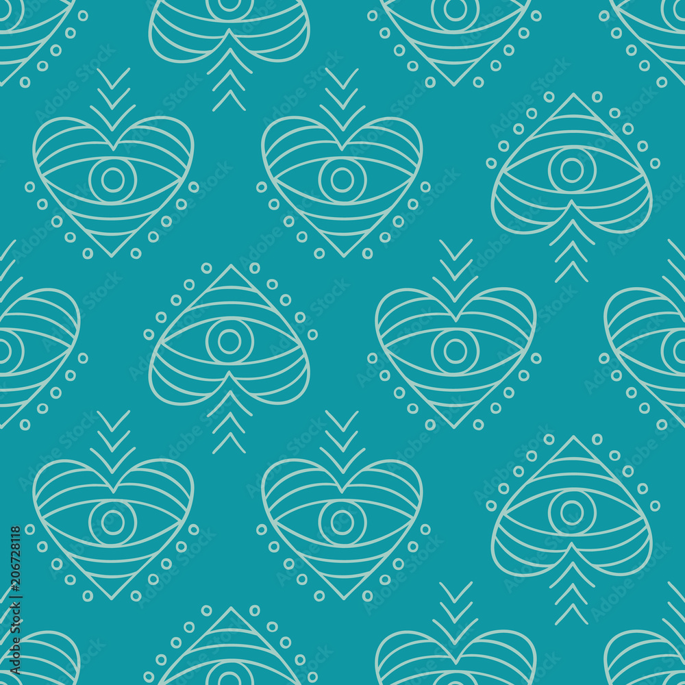 Naklejka premium Vector hand drawn boho eyes doodles seamless repeat pattern