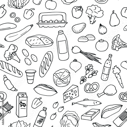 Pattern from set of hand drawn food sketches. Vector illustration.