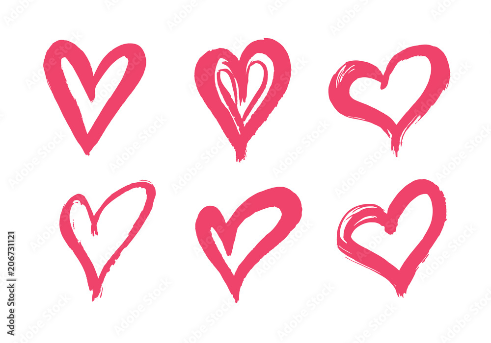 Hand drawn vector heart set with different tools like brushes, chalk, ink