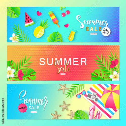 Summer sale. Vector set horizontal banners with summer elements. Backgrounds for posters, email and newsletter designs, ads, coupons, promotional material.