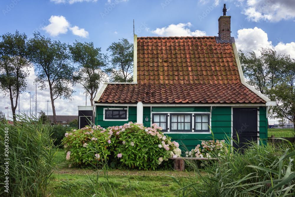 Characteristic small green Zaans house on the Zaanse Schans