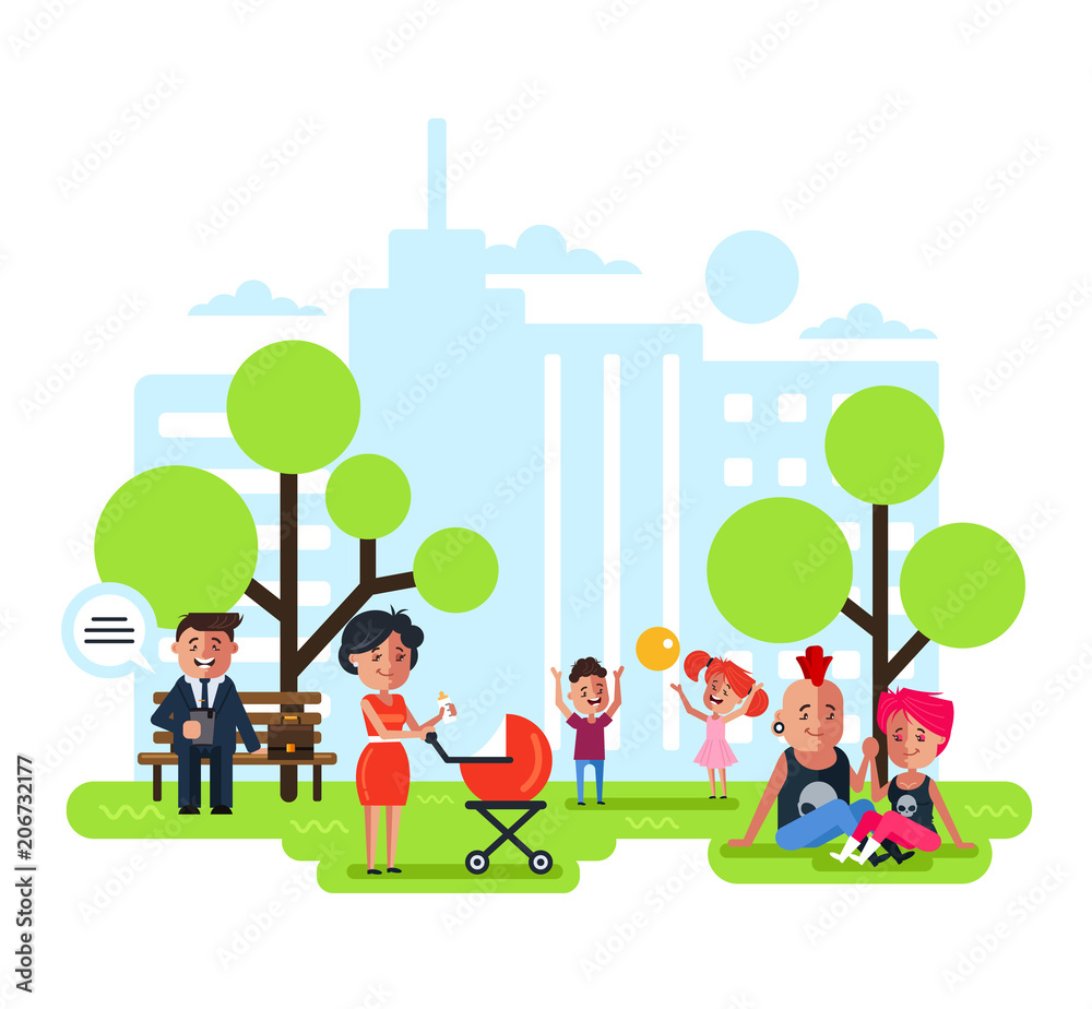 Happy smiling people characters relaxing, walking, working, meeting, dating and communication in public green park. Social happy life and spending time. Vector flat cartoon graphic design illustration