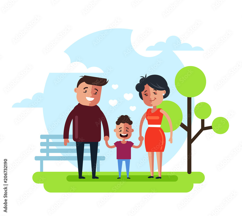Happy smiling family mother father and son child walking in public park. Happy family relationship concept. Vector flat cartoon graphic design isolated illustration Happy smiling family mother father and son child walking in public park. Happy family relationship concept. Vector flat cartoon graphic design isolated illustration