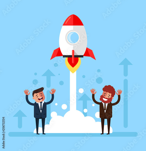 Happy smiling group of people businessmen office workers managers starting rocket. Start up new project concept. Vector flat cartoon graphic design isolated illustration
