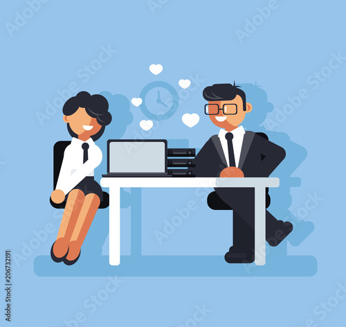 Two business people man and woman character falling in love at work. Corporate romance concept. Vector flat cartoon graphic design isolated illustration