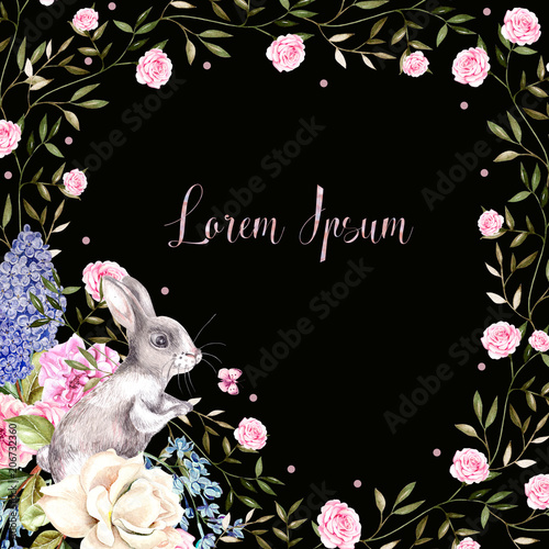 Beautiful watercolor greeting card with Easter bunnies. With flowers of roses...