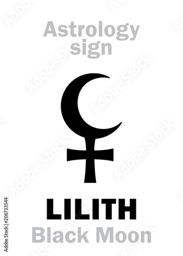 Astrology Alphabet: LILITH (Black Moon), false fictive moon, apogee point of lunar orbit (empty focus). Hieroglyphics character sign (single symbol).