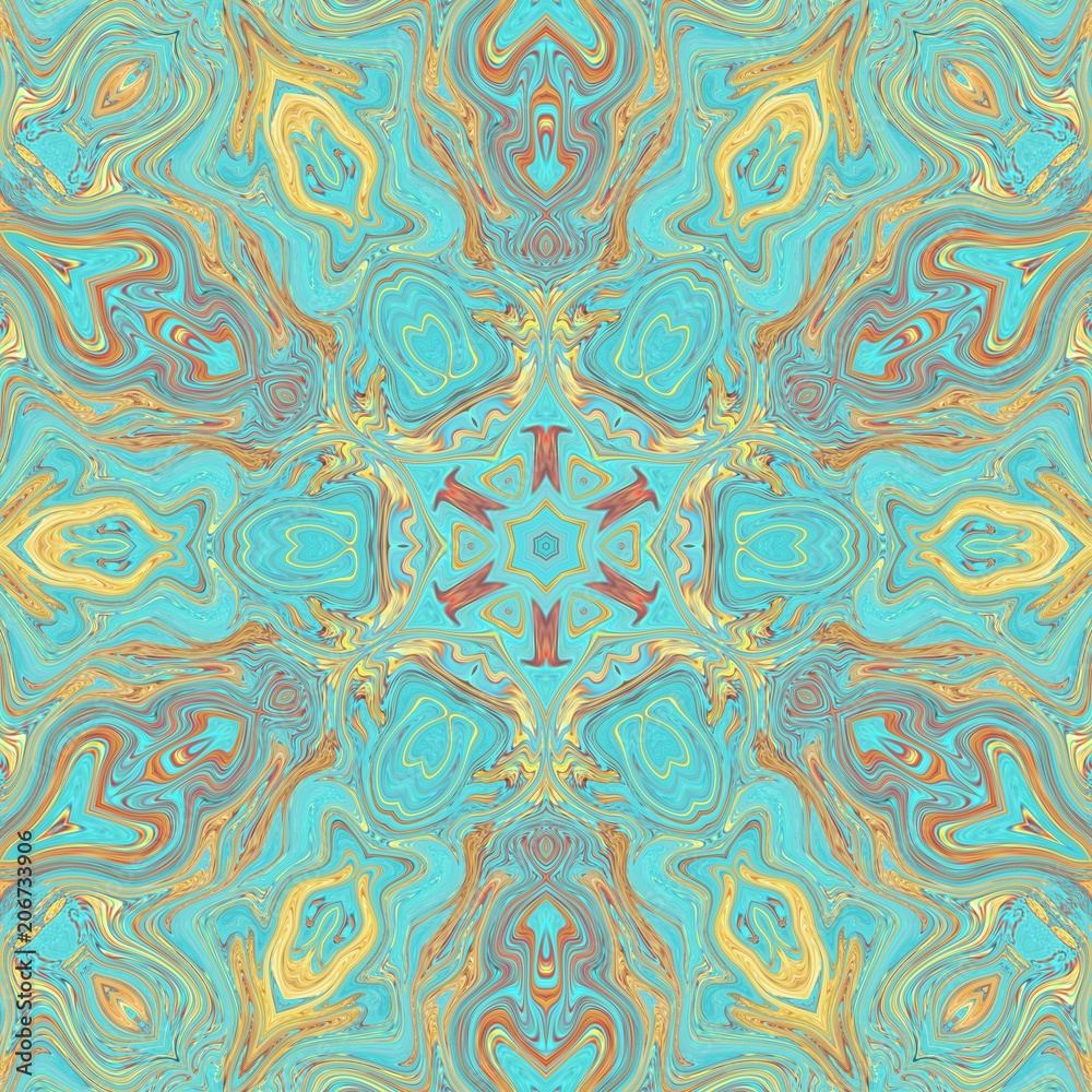 Turquoise and gold elegance ornament. Art decor. Sacred geometry artwork. Golden kaleidoscopic mandala. Liquid paint. Creative pattern for print production. Template for decoration of design products. Turquoise and gold elegance ornament. Art decor. Sacred geometry artwork. Golden kaleidoscopic mandala. Liquid paint. Creative pattern for print production. Template for decoration of design products.