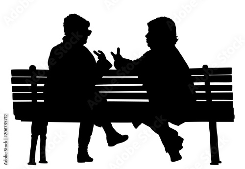 Women gossip at the break. Senior lady friends sitting on bench and talking in public park. Grandmothers spread rumors vector silhouette illustration. Backbite senior girls. Outdoor relaxation.