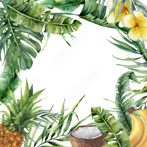Fototapeta Naklejka Na Ścianę i Meble -  Watercolor tropical frame with exotic leaves, fruit and flowers. Hand painted floral illustration with banana and coconut palm branches, plumeria, pineapple isolated on white background for design