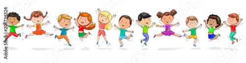 Many cute happy kids are jumping