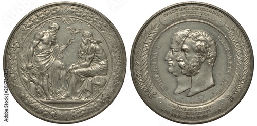 Denmark Danish medal 400th anniversary of Copenhagen University, Odin consults with guardian of well of wisdom Mimir,  conjoined heads of Christian I and Christian IX, tin, photo