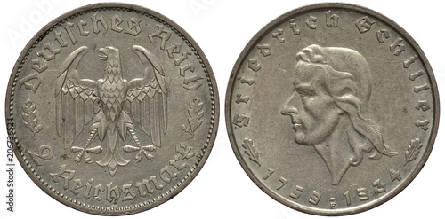 Germany German silver coin 2 two marks 1934, 175th Anniversary of writer Friedrich Schiller, sign German state above eagle, denomination below, Schiller head left, dates below, Nazi period,