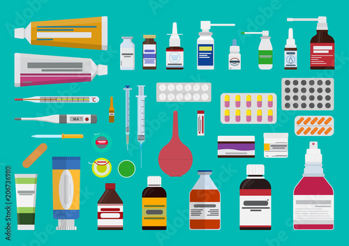 Vector set of medicines. The concept of pharmaceutics and medication.