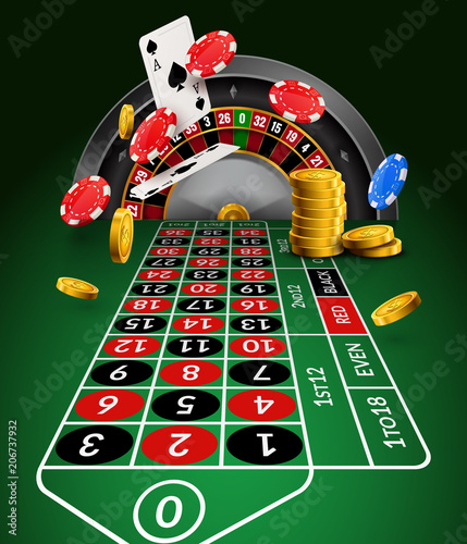 Casino roulette table perspective illustration. Green gambling roulette table with numbers play cards coins and chips