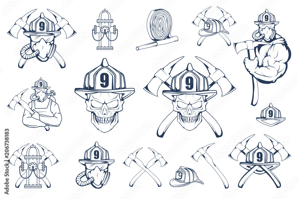 Fototapeta premium Set of firefighter emblems and elements. Firefighting logo. The fireman's head in a mask. Fire department label. Vector graphics to design.