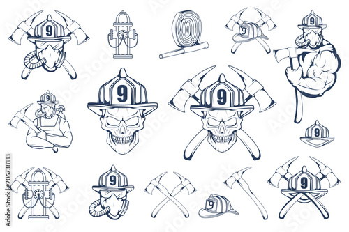 Set of firefighter emblems and elements. Firefighting logo. The fireman's head in a mask. Fire department label. Vector graphics to design.