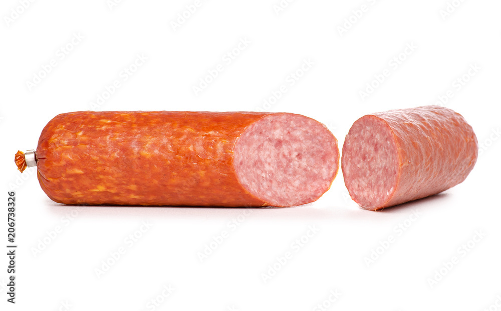 A smoked sausage food on a white background isolation A smoked sausage food on a white background isolation