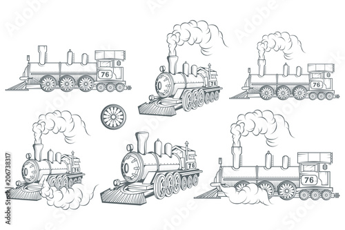 Set of different locomotive. Old train logo. Locomotive drawing. Steam transport. Vector graphics to design.