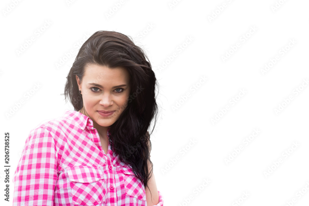 Beautiful and smiling girl poses for photos, isolated on white background. A young woman smiling at the camera. Beautiful and smiling girl poses for photos, isolated on white background. A young woman smiling at the camera.