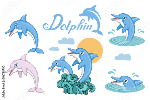 Dolphin set. Cartoon dolphin. Sea animal. Vector graphics to design.