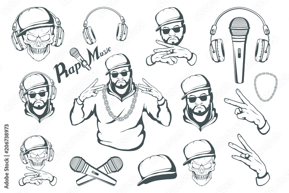 Rap music set. Rapper skull on white background. Lettering with a  microphone. Vector graphics to design. Stock Vector | Adobe Stock