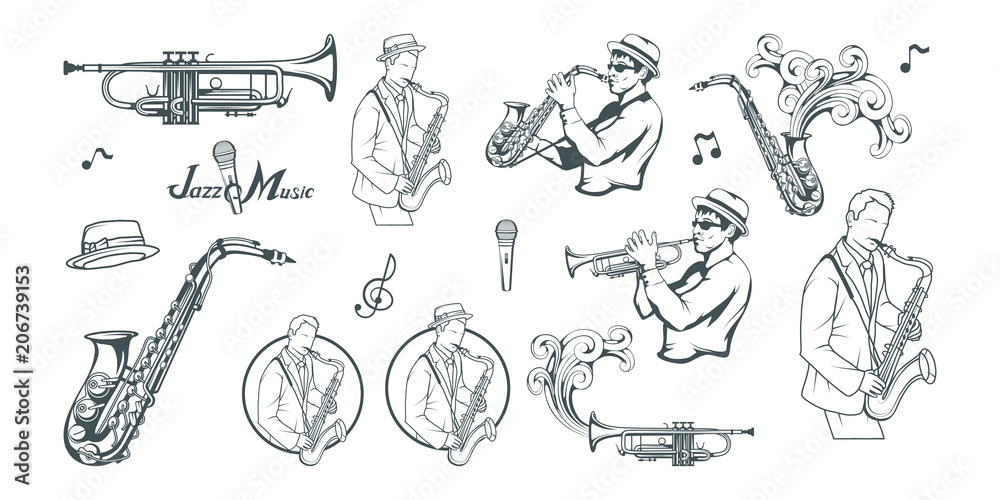 Naklejka premium Jazz set. Saxophone player. Lettering with a microphone. Silhouette of a musician Vector graphics to design.